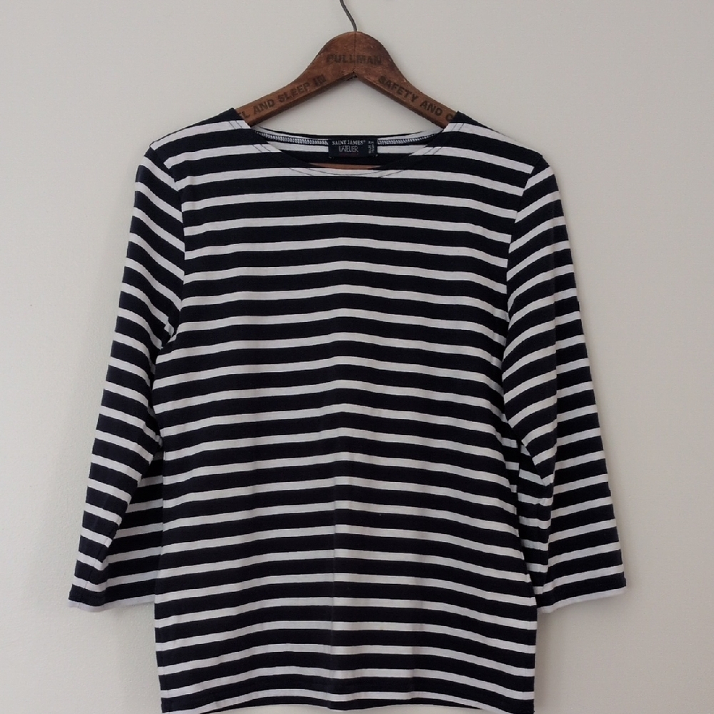 Saint James Navy and White Striped Boatneck 3/4 Sleeve Top
